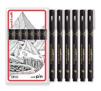 Uni Pin Fineliner Lot de 6 stylos pinceaux à dessin Encre noire Pointe extra fine Boîte cadeau