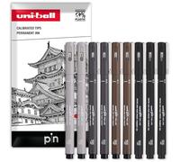 Uni Pin Fineliner Set de 9 stylos à dessin - Noir, gris foncé, gris clair et sépia - 0,1/0,5 mm