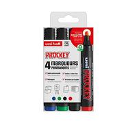 Uni Prockey - UNI-BALL - Uni Mitsubishi Pencil - Marqueur Permanent Inodore PM126 - Multisupport, Base Eau, Sans Odeur - Pointe Biseautée Large 5,7 mm - Emballage Zéro Plastique - Lot de 4 Couleurs