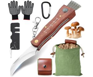 UNIANE Couteau à champignons avec brosse, sac éponge, couteau à champignons de haute qualité, ramasser des champignons/muguets, brosse, acier inoxydable, sac, gants, boussole et règle