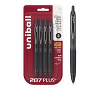 Uniball 207+ Lot de 4 stylos à encre gel rétractables noirs avec micro pointes de 0,5 mm, les stylos Uni-Ball Click sont anti-fraude et sont les meilleurs stylos de bureau, stylos d'allaitement,