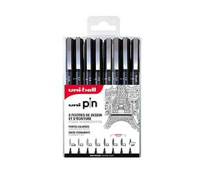 UNIBALL PIN, 8 Feutres calibrés multipointes & brush - Ecriture et Dessin | Uni Mitsubishi Pencil - Encre de Chine pigmentée, waterproof et infalsifiable - Manga, croquis, illustration et calligraphie