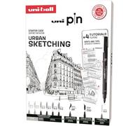 UNIBALL PIN, Urban Sketching 8 Feutres +1 Porte-Mines - Ecriture et Dessin | Uni Mitsubishi Pencil - Initiation à l'Urban Sketching : Pointes Calibrées et Brush, Porte-Mines Shalaku S + 4 Planches Tuto