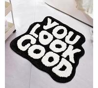 UNIBATH You Look Good Tapis de bain noir et blanc - Tapis de salle de bain amusant et mignon - Tapis de douche antidérapant en microfibre lavable et absorbant - 63,5 x 53,3 cm