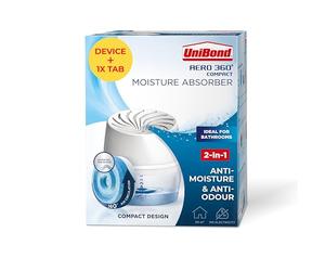 UniBond AERO Absorbeur d'humidité à 360° avec 1 recharge, déshumidificateur pour une circulation efficace de l'air, régulateur d'humidité réduit l'excès d'humidité, 1 appareil avec 1 languette de