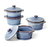 UNICASA Moule à Soufflé en Porcelaine, Mini Cocotte avec Couvercle, Bols à Soupe avec Poignée, Casserole Four de 250ml X 4er pour Soufflé, Muffins, Cupcakes - Bleu Clair