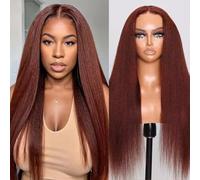 UNICE Bye Bye Knots Wig Glueless Reddish Brown Yaki Droit 7 x 5 Pré Cut Dentelle Glueless Wigs Cheveux Humains Pre Plucked Pré Bleached Invisible Nœuds Humains Perruque pour Cheveux Humains 20 pouces