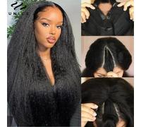 UNice InvisiBlend ™ Perruque Kinky Straight V Part avec cordon de serrage, noir naturel, 100% cheveux humains, sans colle, convient à toutes les tailles de tête