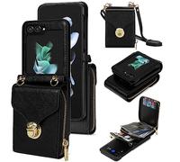 Unichthy Étui de téléphone pour Samsung Galaxy Z Flip5 / Flip6 avec poche zippée et bandoulière et porte-cartes - Pochette portefeuille en cuir résistant aux chocs - Coque magnétique pour Samsung Z
