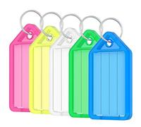 Uniclife 20 Pièces Porte Clés Porte Clef en Plastique de 5 cm avec Étiquettes en Papier Vierge Lignées Couvercles Transparents et Anneaux Fendus Identificateurs d'articles Robustes, 5 couleurs