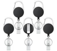 Uniclife 5 Pack Porte Clé Rétractable Robuste Enrouleurs Mousqueton de Badges Rétractables Porte Badges Robuste Boîtier en ABS Solide Ressort Acier Inoxydable Clip en Corde Anneau de Clé Noir
