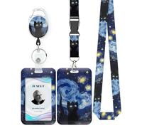 Uniclife Porte Badge Coulissant Nuit étoilée & Chat Plastique Enrouleur Badge Rétractable Mousqueton Lanière Détachable Porte Carte Navigo Vertical Gaufré Travailleur Infirmier Enseignant