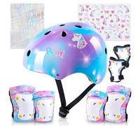 Unicorn Castle Casque Vélo Enfant avec Autocollants DIY Enfant Sets Genouillères Coudières Protège-Poignets Réglables Kit de Protection Rollers Skate Trottinette Skateboard 3-8 Ans