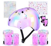 Unicorn Castle Casque Vélo Enfant avec Autocollants DIY Enfant Sets Genouillères Coudières Protège-Poignets Réglables Kit de Protection Rollers Skate Trottinette Skateboard 3-8 Ans
