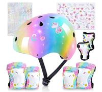 Unicorn Castle Casque Vélo Enfant avec Autocollants DIY Enfant Sets Genouillères Coudières Protège-Poignets Réglables Kit de Protection Rollers Skate Trottinette Skateboard 3-8 Ans