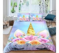 Unicorn face Parure de Lit 3 pièces Microfibre Hypoallergique Imprimé en 3D Léger Fantaisie floral design Ensemble De Literie avec 2 Taies d'oreiller Confortable for Fille Super king（260x220cm）