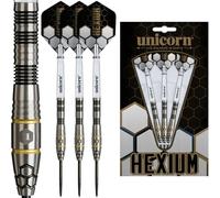 Unicorn | Hexium Style 1 | 90 % tungstène Black Bomb/Spring Onion Barils à chargement frontal avec anneaux dorés | Jeu de fléchettes à pointe en acier | Vols durables et superbes | Points de volute