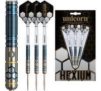 Unicorn | Hexium Style 2 | 90 % tungstène bleu barils parallèles avec anneaux dorés | Jeu de fléchettes à pointe en acier | Vols ultra rapides durables | Points de volute en nickel | 25 g