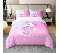 Unicorn Housse de Couette 220x240 Dessin Animé Arc en Ciel Licorne Parure de Lit Mignon Nuage Papillon Chambre Décor Fantastique Étoile Ciel Literie Set Rose Coloré Étoiles Motif Double Face Lit Set
