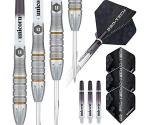 Unicorn Jeu de fléchettes | Style Pro-Tech | Corps en tungstène 90% Naturel avec Accents dorés et Points de Volute | Pointe en Acier