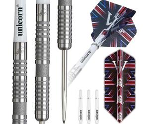 Unicorn Jeu de fléchettes The Machine | James Wade | Barils en tungstène 90 % naturel avec accents tactiles en anneau gris sablé | Vols durables et superbes | Pointes de volute à pointe en acier | 25