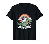 Unicorn Riding T Rex Rainbow Clouds Cute Dinosaur T-Shirt