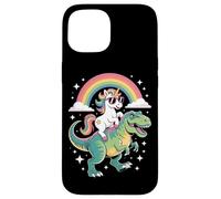 Unicorn Riding T Rex Rainbow Dinosaur with Stars Coque pour iPhone 15