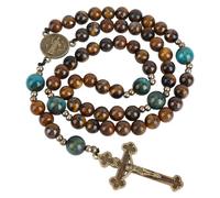 UNICRAFTALE 1 Collier de Perles en Oeil de Tigre Naturel de 39cm Marron Noix de Coco Long Chapelet Croix Pendentif Bronze Antique Bijou Quotidien pour Hommes et Femmes