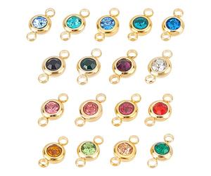 UNICRAFTALE 17pcs 17 Couleurs 2mm Trou 304 Liens en Acier Inoxydable Strass Connecteurs Plat Rond Pierre de Naissance Breloques Cristal Doré Liens en Verre Breloques Goutte Dangle Pendentif de Bijoux