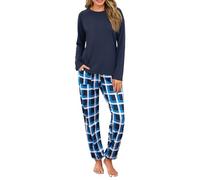 Uniexcosm Ensemble Pyjama Femme à Carreaux Manches Longues | Haut uni à manches longues et pantalon à carreaux avec poches, doux et respirant pour dormir ou se détendre.