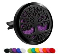 Unifizz Diffuseur d'huiles essentielles d'aromathérapie de voiture de 30 mm, médaillon en acier inoxydable avec clip d'aération et 12 patins en feutre, motif arbre de vie, noir