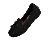 Unifizz Mocassins confortables à enfiler en cuir avec pompons pour femme, Noir , 38.5 EU