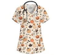 Uniforme de travail d'infirmière et de médecin avec col en V, manches courtes, double poche, imprimé de citrouille de dessin animé mignon, uniforme de travail de toilettage pour animaux de compagnie, 