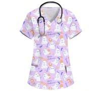 Uniforme de travail d'infirmière et de médecin avec col en V, manches courtes, double poche, imprimé fantôme de dessin animé mignon, violet clair, pour Halloween, uniforme de travail de toilettage pou