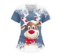 Uniforme Femme Imprimé de Noël Haut D'infirmière de Soignant Chemise Manches Courtes Col V Tunique Lâche Haut T-Shirt Grande Taille Pullover Blouse de Travail