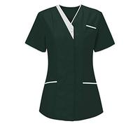 Uniforme Médicale Blouse Infirmière Femme Professionnelle Col en V Couleur Unie Manche Courte Tunique Tee Shirt de Travail Esthéticienne 2 Poches