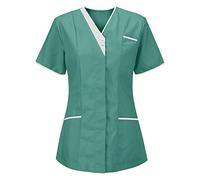 Uniforme Médicale Blouse Infirmière Femme Professionnelle Col en V Couleur Unie Manche Courte Tunique Tee Shirt de Travail Esthéticienne 2 Poches
