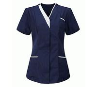 Uniforme Médicale Blouse Infirmière Femme Professionnelle Col en V Couleur Unie Manche Courte Tunique Tee Shirt de Travail Esthéticienne 2 Poches