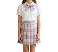 Uniforme scolaire classique JK assorti 2 pièces pour filles, chemise à manches courtes décorée avec nœud en tissu, jupe plissée extensible soignée pour les leçons quotidiennes régulières (rose vif, 7