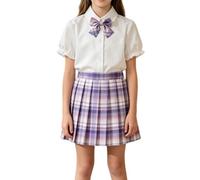 Uniforme scolaire classique JK assorti 2 pièces pour filles, chemise à manches courtes décorée avec nœud en tissu, jupe plissée extensible soignée pour leçons quotidiennes régulières (violet foncé, 7