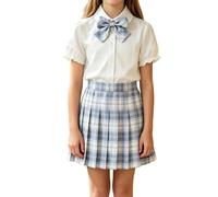 Uniforme scolaire classique JK assorti 2 pièces pour filles, chemise à manches courtes décorée avec nœud en tissu, jupe plissée extensible soignée pour leçons quotidiennes régulières (bleu clair, 12