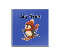 UNIGIFT Lot de 4 sous-verres carrés bleus en verre motif pingouin skieur (design de jeu) avec nom et message - Illustration mignonne