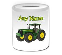 UNIGIFT Tirelire motif tracteur vert (thème transport, blanc) - n'importe quel nom/message sur votre unique - Tirelire - Chauffeur de véhicule lourd, automobile, camion, ferme, poids lourd