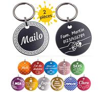 Unikat Branding 2x Medaille chien et chat avec Gravure | Plaque Identification personnalisée pour chien et chat | Pendentif Chien personnalisé avec porte-clés | Médaillon 2 côtés | violet | 35mm