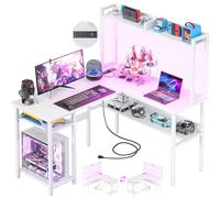 Unikito Bureau de jeu en forme de L avec bande LED et prises de courant, bureau d'ordinateur réversible en forme de L avec étagères de rangement, bureau d'angle avec clapier, bureau de bureau à