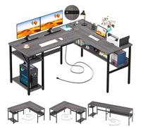Unikito Bureau d'ordinateur en forme de L avec port de charge USB et prise de courant, bureau d'angle réversible avec étagères de rangement, table de jeu industrielle longue pour 2 personnes, bureau