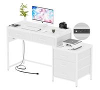 Unikito Bureau d'ordinateur réversible avec 5 tiroirs, bureau robuste avec prises de courant et ports USB, table d'écriture avec armoire de fichiers et support d'imprimante, bureau de coiffeuse avec
