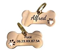 UNIKTAG MÉDAILLE GRAVÉE POUR CHIEN OU CHAT, MÉDAILLON PERSONNALISABLE, ETIQUETTE D'IDENTIFICATION PERSONNALISÉE, MEDAILLE EN FORME D'OS AvEC EMPRUNTE DE PATTE (Or rose)