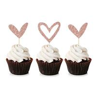 Unimall Global Lot de 24 décorations de cupcake en forme de cœur à paillettes or rose - Design mignon - Pour mariage, anniversaire, fête prénatale