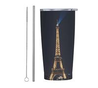 UNIOND Tasse isotherme à double paroi en acier inoxydable avec couvercles et pailles, motif Tour Eiffel à Paris la nuit, pour café, thé